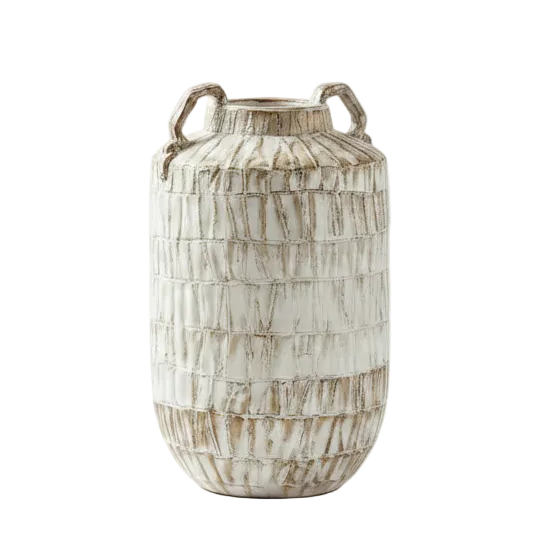 A textured ceramic vase with a ribbed, basket-weave-like pattern in off-white and beige, featuring two small handles on the rim.