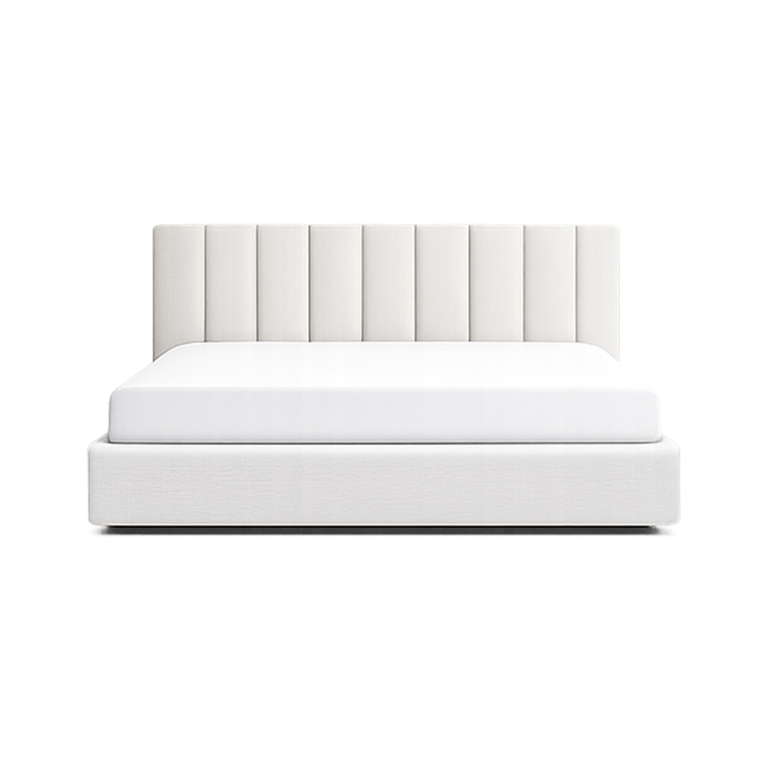 A modern platform bed with a tall, vertically channel-tufted upholstered headboard and a matching upholstered base, shown with a white mattress on a clean white background.