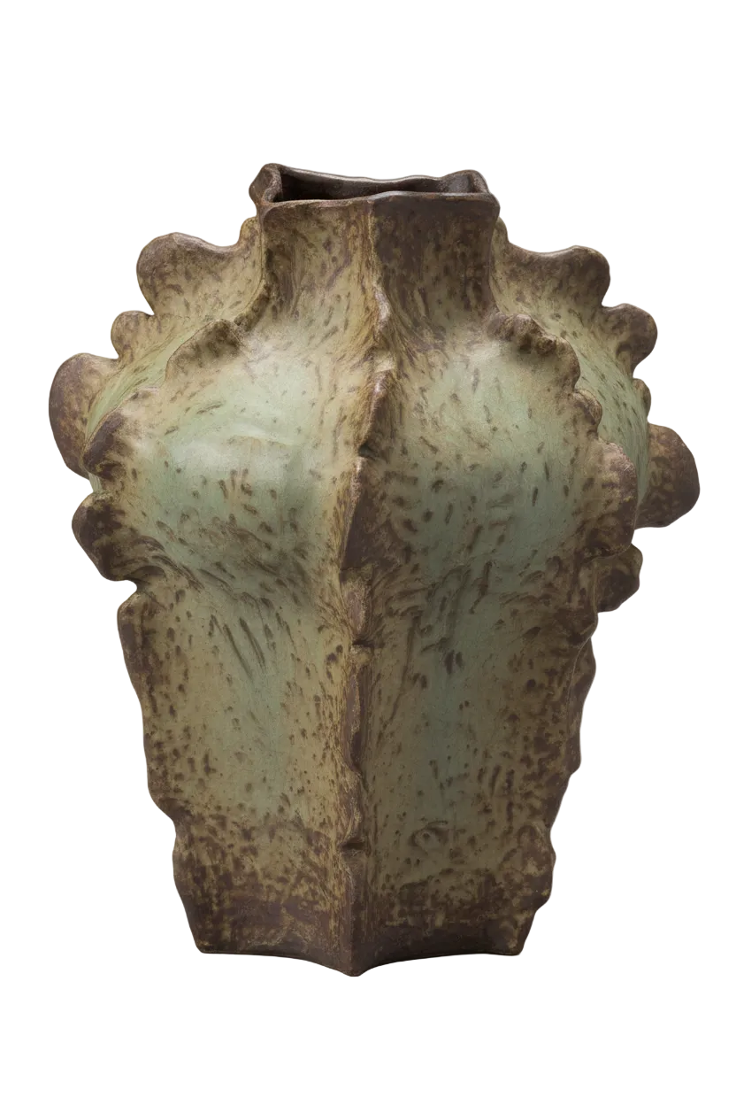A textured ceramic vase with a sculptural, organic shape and a mottled glaze of olive green, brown, and black, isolated on a white background.