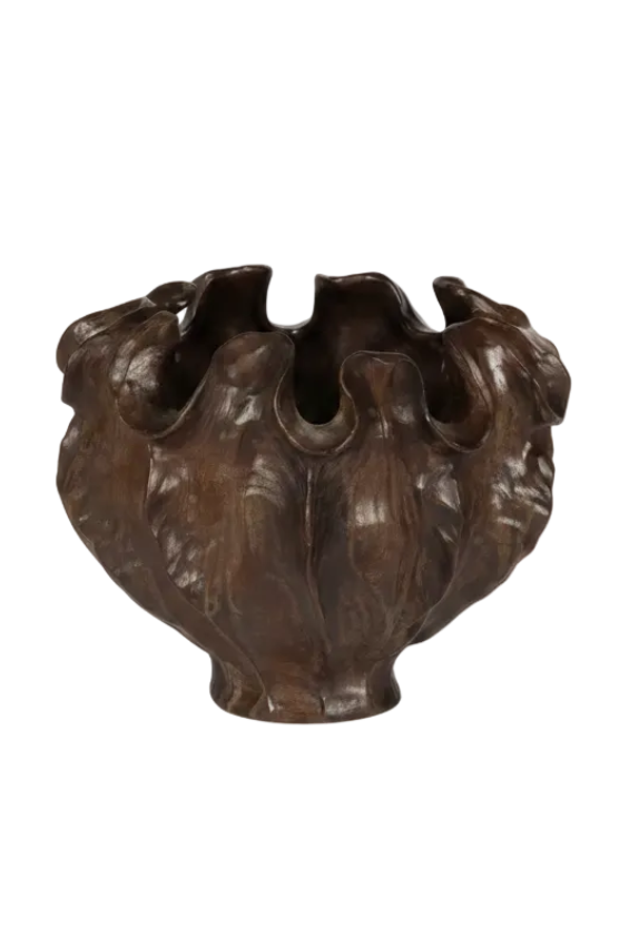 A dark brown sculptural ceramic planter with a textured, organic, leaf-like surface and multiple cup-shaped openings at the top, shown against a plain white background.