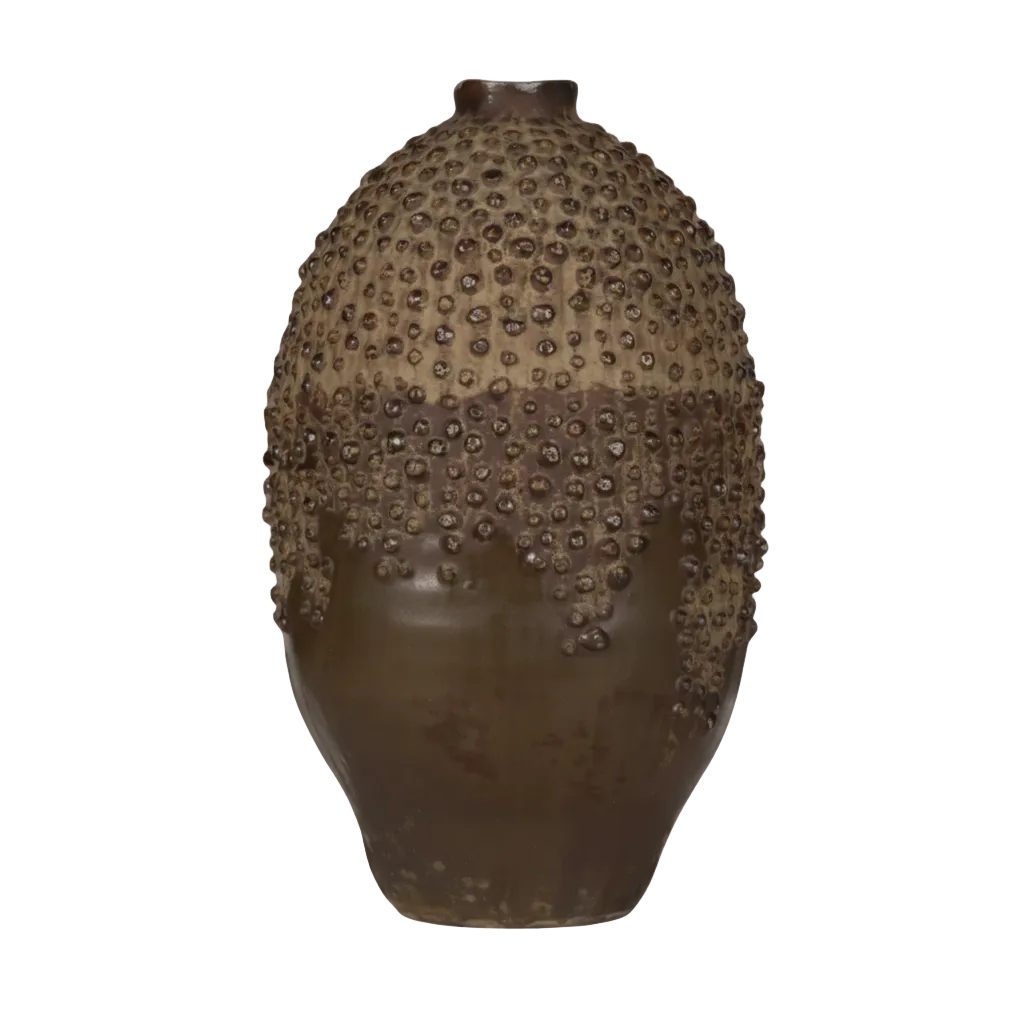 A dark brown ceramic vase with a textured, bumpy, bubble-like pattern across its surface, isolated on a white background.